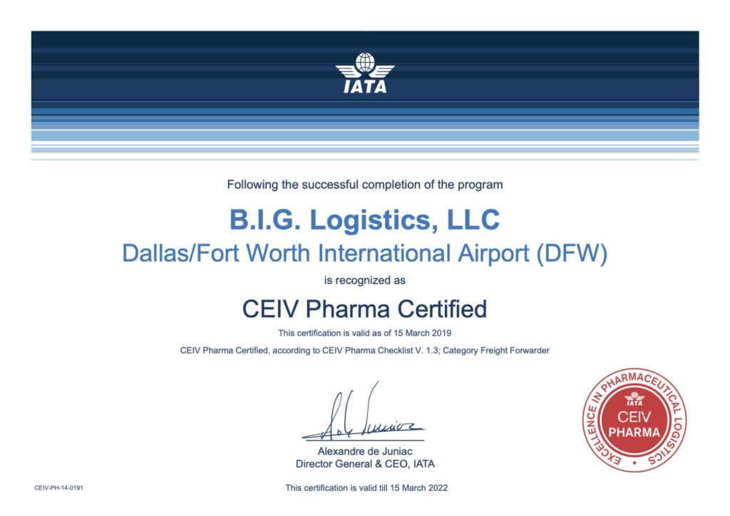 BIG Logistics is CEIV Pharma Certified by IATA.